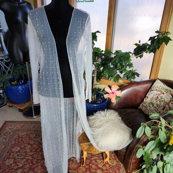 Davi & Dani Boho Sheer Pearl & rhinestone Longline Kimono Duster Cover Up 2X - Picture 4 of 15